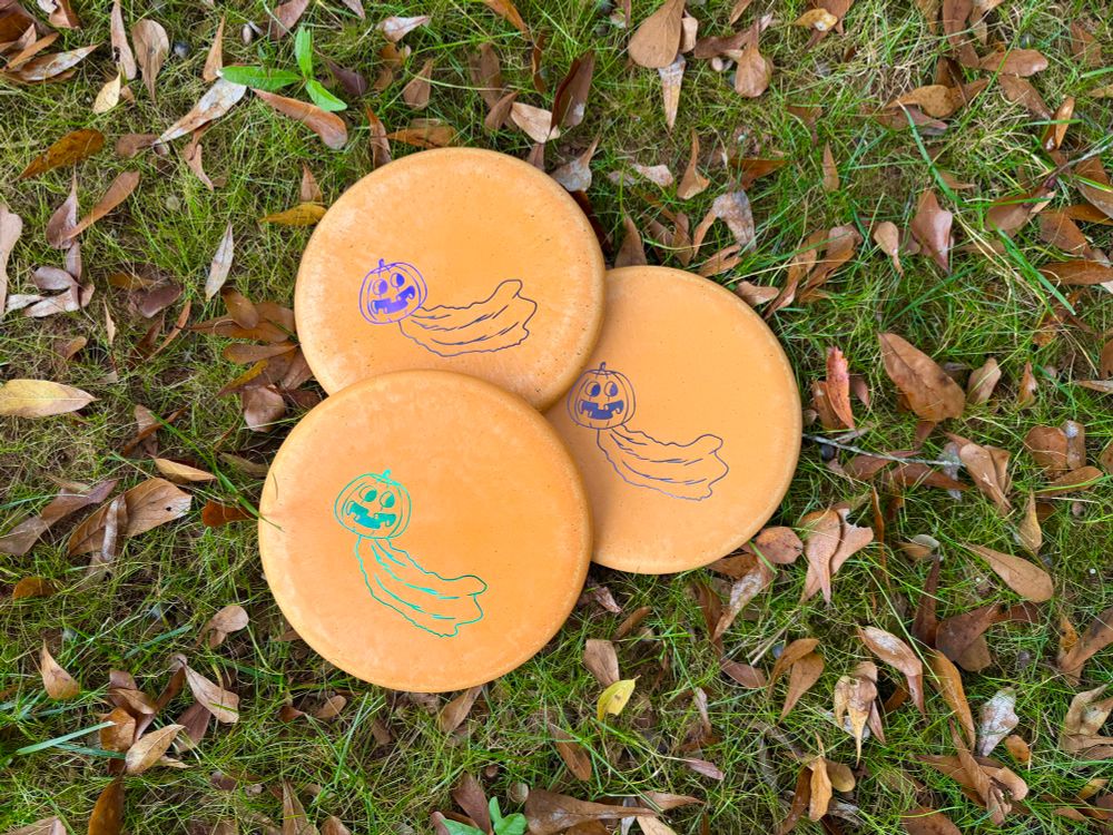 Three pumpkin spice wizard discs on the grass. 