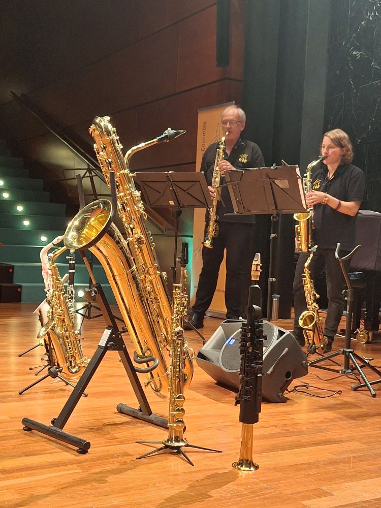 Saxophone in vielen Größen stehen auf dem Boden, im Hintergrund 2 Saxophon Spieler