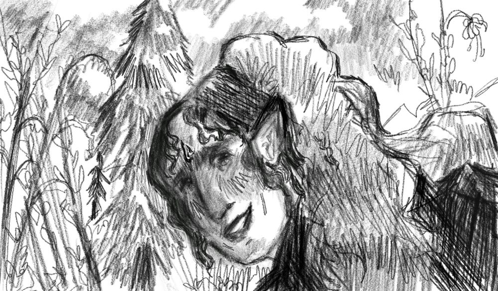 a textured sketch of luo binghe looking over his shoulder and smiling in a natural environment 