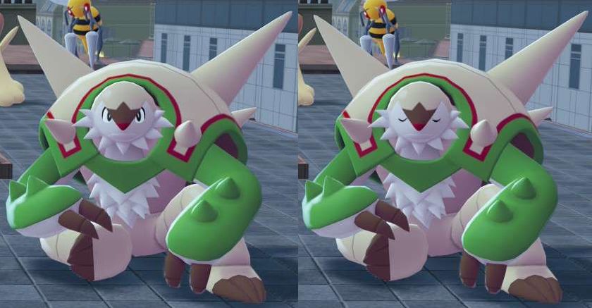 A chesnaught sits on a rooftop, staring intently at the viewer. The next image in sequence, she closes her eyes in meditation.