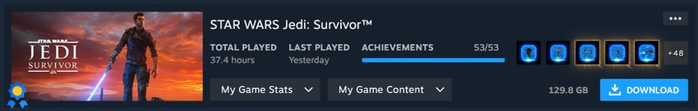 a screenshot from steam showing 37 hours played and 53/53 achievements on the game STAR WARS Jedi: Survivor