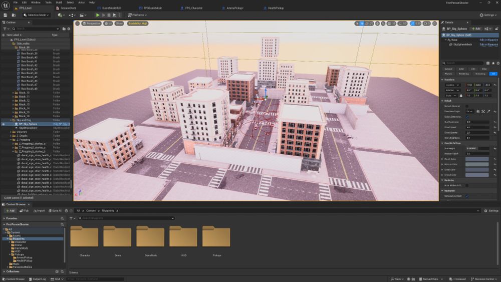 a screenshot of the viewport in an unreal engine 5 project, showing a small city with elements scattered around