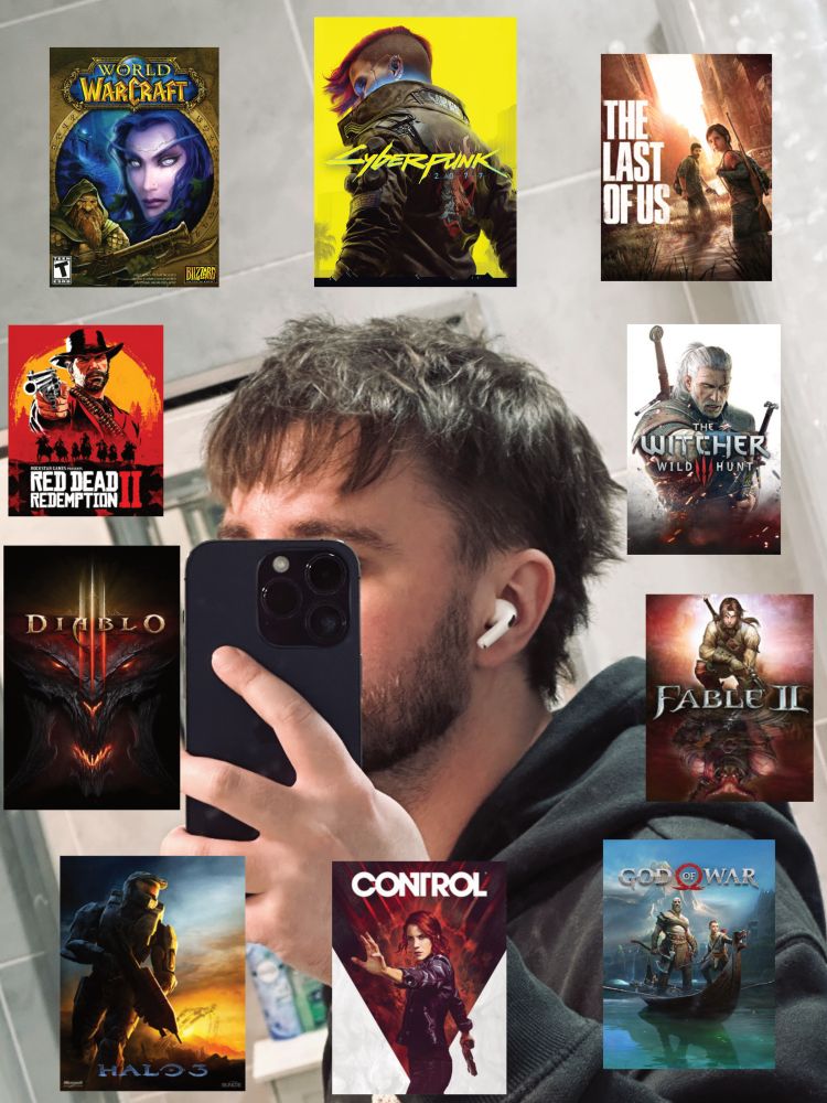 an image displayer my top 10 games in no particular order: 

1) World of Warcraft. 
2) Cyberpunk 2077. 
3) The Last of Us. 
4) The Witcher 3. 
5) Fable 2. 
6) God of War 2018. 
7) Control. 
8) Halo 3. 
9) Diablo 3. 
10) Red Dead Redemption II.