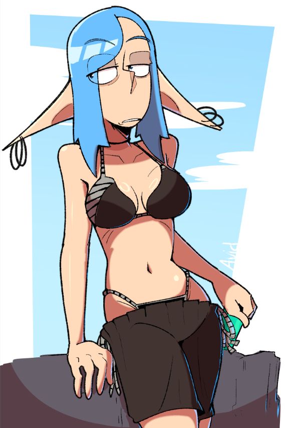 Punk elf girl in a bikini shorts combo with a beer in her left hand. She looks tired because she always does.