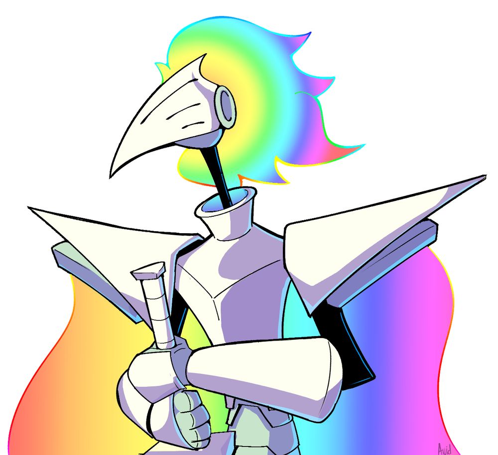 An armored knight clad in armor with rainbow like hair and cape.