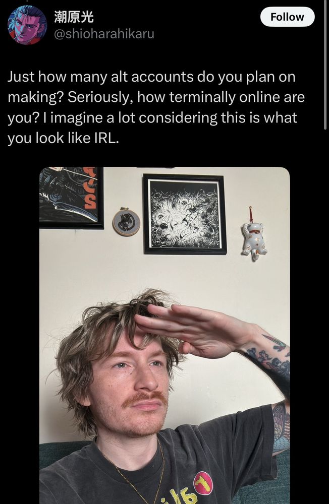 “Just how many alt accounts do you plan on making? Seriously, how terminally online are you? I imagine a lot considering this is what you look like IRL.”

Followed by a photo of Airbagged 