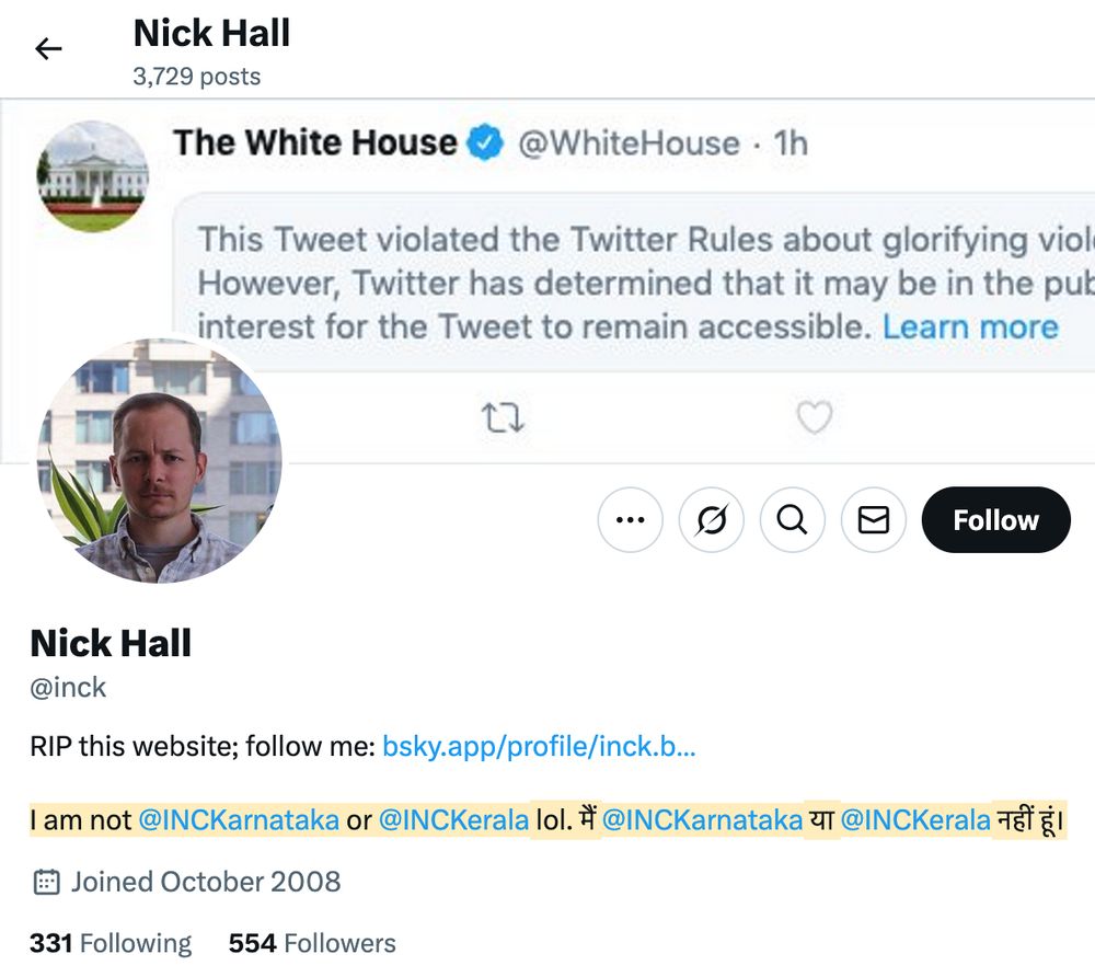 A screenshot of my profile on the website formerly known as twitter, which looks the same as my profile except for the bio and data below it, which read, 