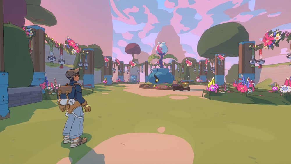 A screenshot from the game Spirit Crossing by studio Spry Fox (Netflix Games.) The screenshot is an outdoor nature scene with a pink and blue sunset background. There is a player-character in the foreground entering a clearing surrounded by trees and floral decorations. The centerpiece in the distance is a giant, beautiful but monstrous flower in a big blue pot.
