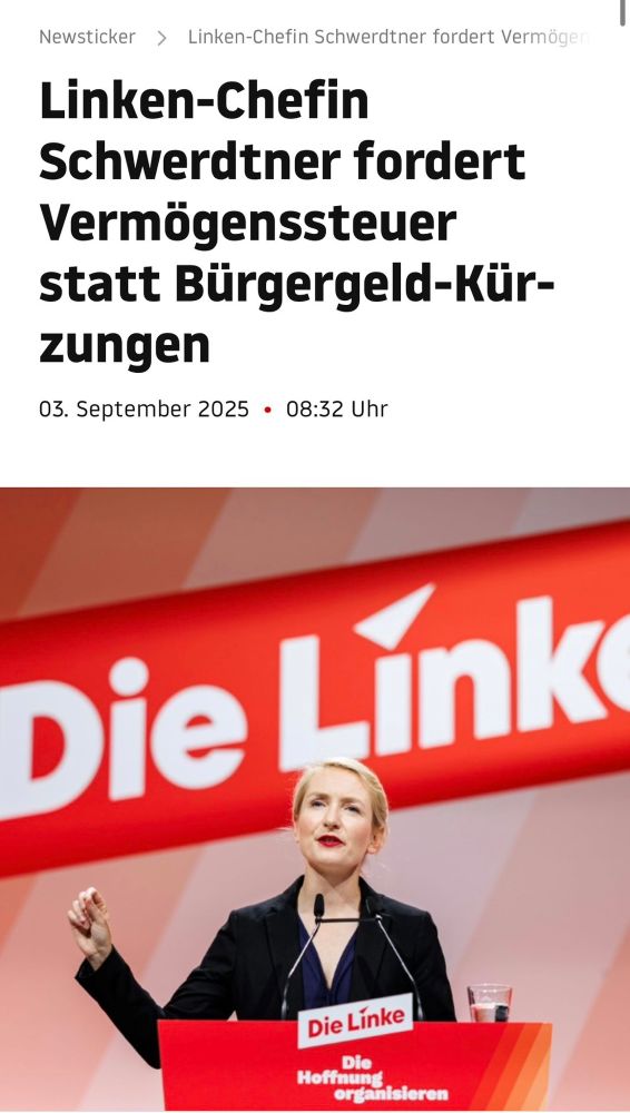 Zeitungsartikelscreenshot: Linken-Chefin Schwerdtner fordert Vermögenssteuer statt Bürgergeldkürzungen