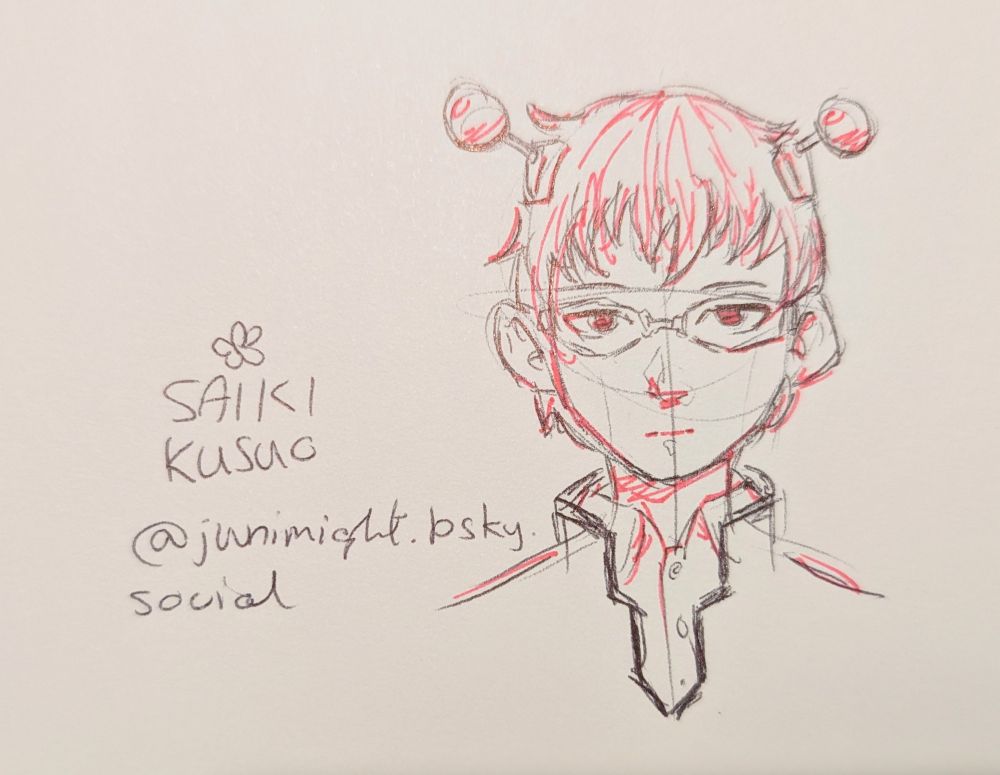 A ballpoint pen sketch of Saiki Kusuo with pink accents.