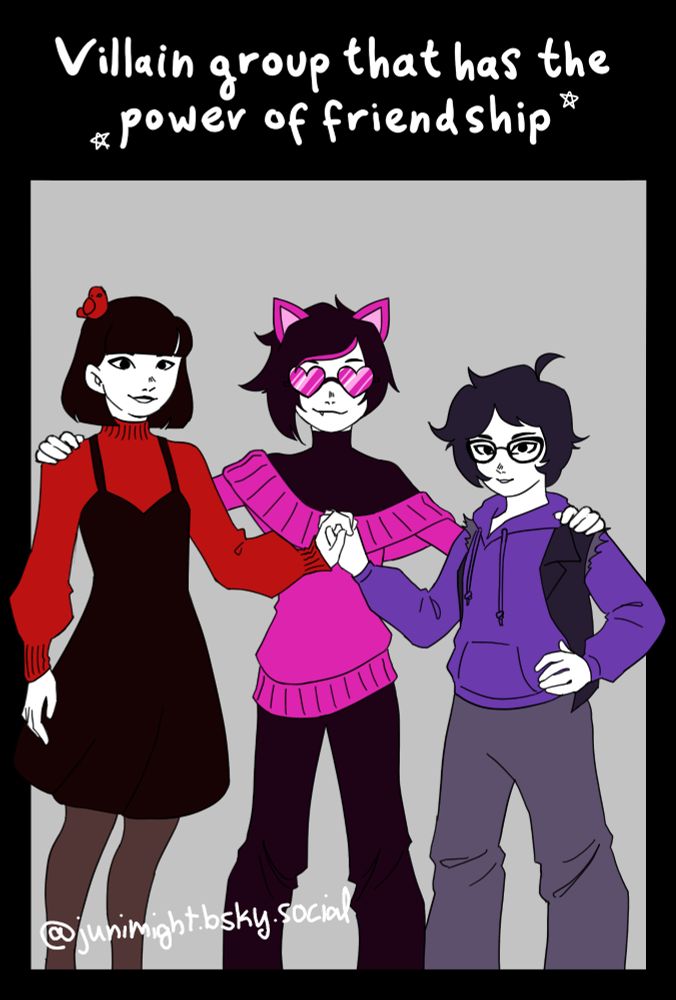 Three Homestuck kidsonas posing together. The caption above them reads "villain group up with the power of friendship"