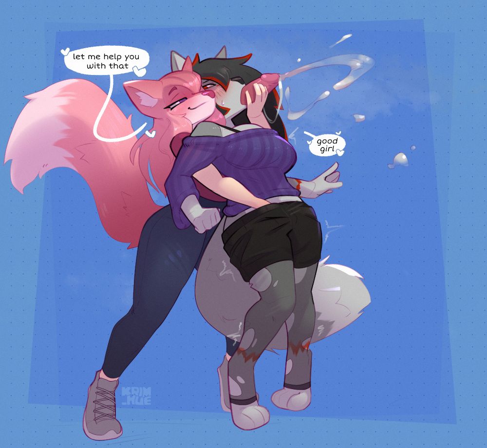 2 furry characters, one teasing and helping the other with their cock tongue situation, lots of cum