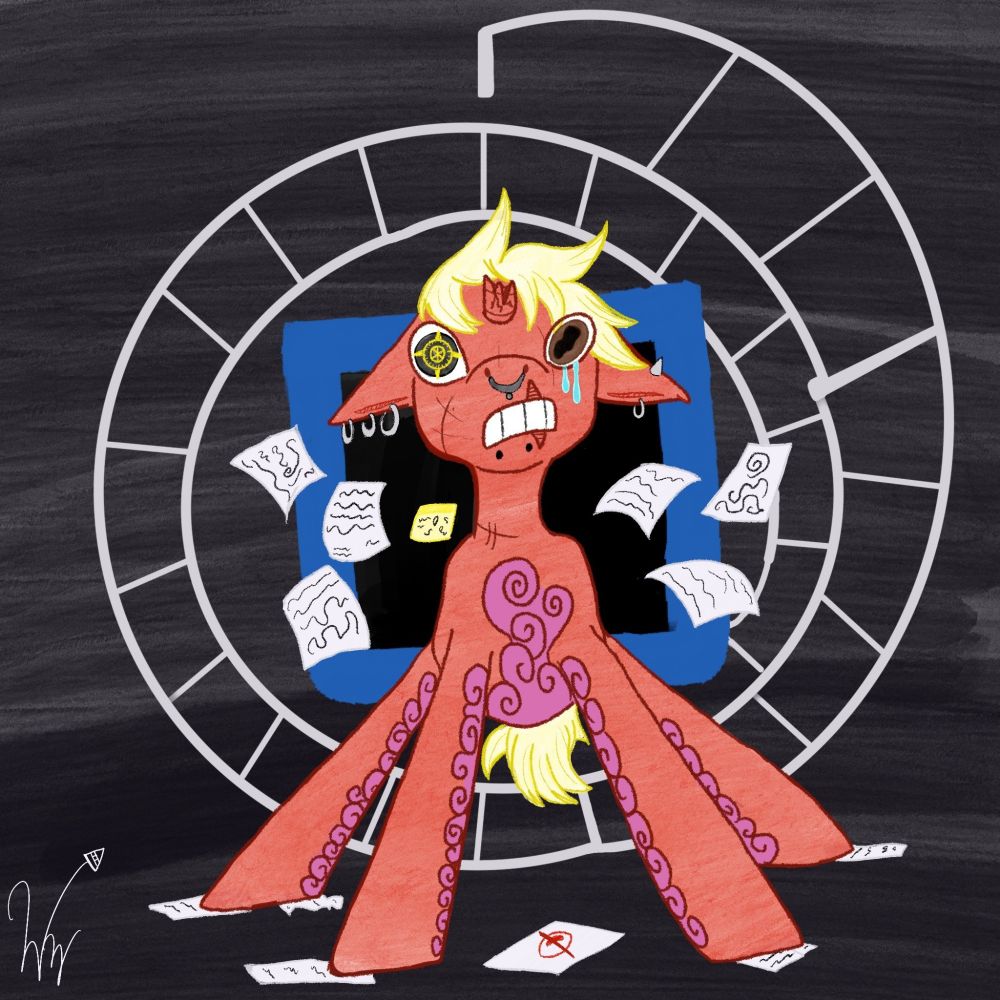 A rendition of Johnny Truant, from House of Leaves, as an MLP style horse, losing to the madness of the Navidson Record. He is behind a pitch black background, reminiscent of the cover of the book, with various notes and papers scattered about.