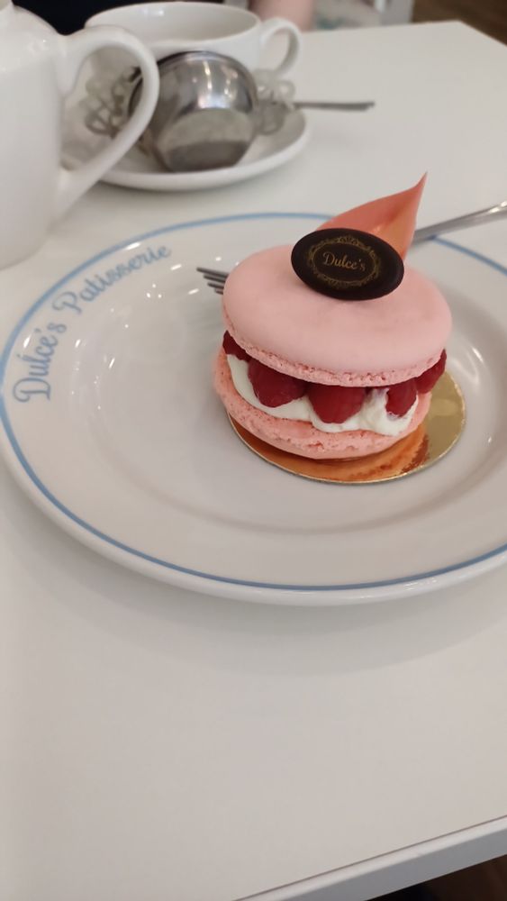 Very splendid cake thing made of raspberries and cream sandwiched between pink rose macarons
