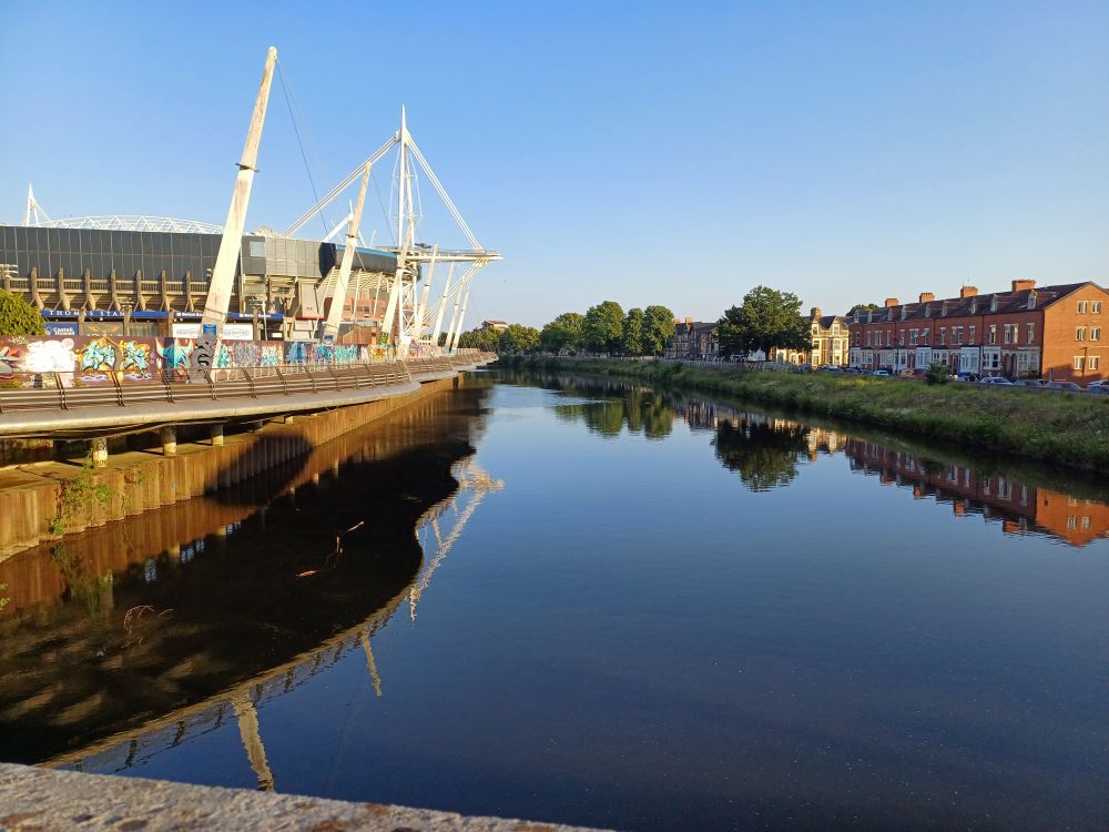 A not terribly amazing photo of the river and the stadium in Cardiff in the sunshine. Most nicer views are available but I'm still on crutches so this was about as much walking from my hotel as I was up to.