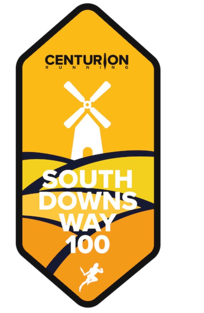 Yellow logo with a windmill with the words Centurion South Downs Way 100