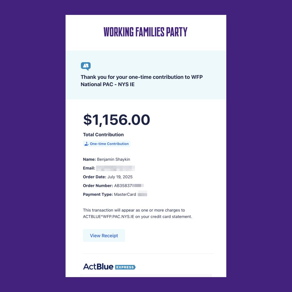 Screenshot of an ActBlue receipt showing a $1,156 contribution to Working Families Party