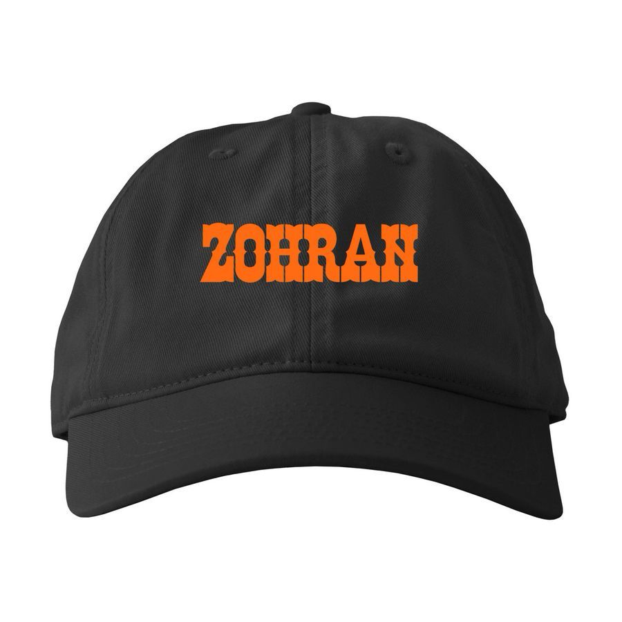 Black dad cap with orange “Zohran” in the style of the Zabar’s logo
