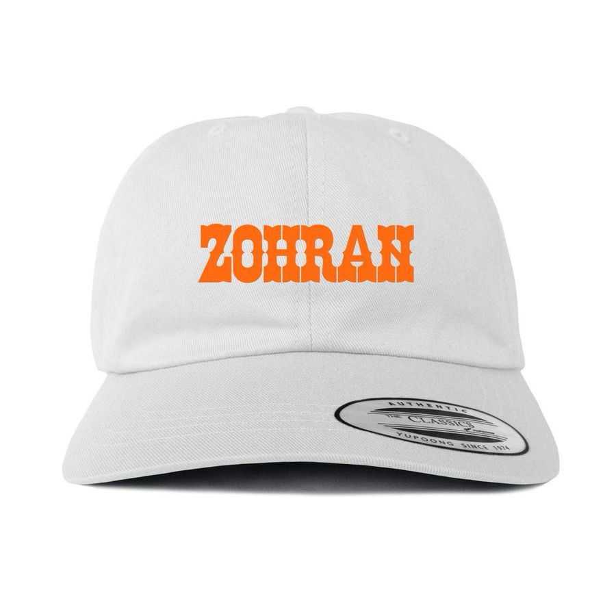 White trad baseball cap with orange Zohran lettering