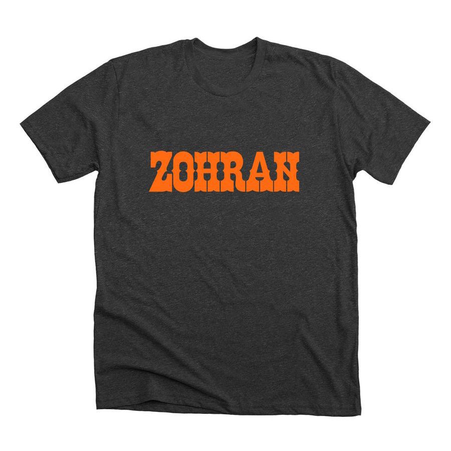 Dark gray t-shirt with ZOHRAN in orange in the style of the ZABAR’S logo
