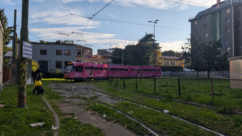 Tram mit pinker Werbebeklebung in einer verwahrlosten Wendeschlaufe