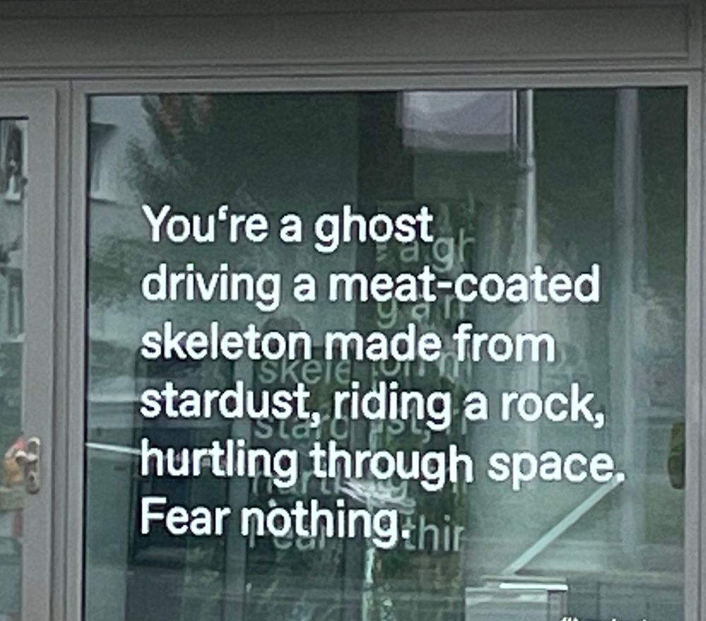 A storefront window upon which is printed the slogan "You're a ghost driving a meat-coated skeleton made from stardust, riding a rock, hurtling through space. Fear nothing."
