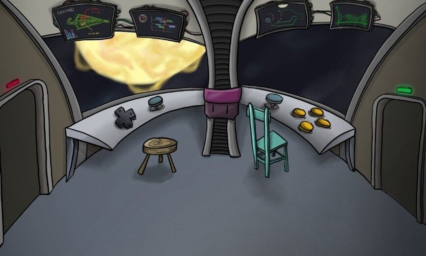 A starship cockpit. The front window shows the sun, the buttons on the console are made of a game controller. There are two doors, one to the left (port side with a red light) and one on the right side (starboard with a green light). There are two chairs made of wood.