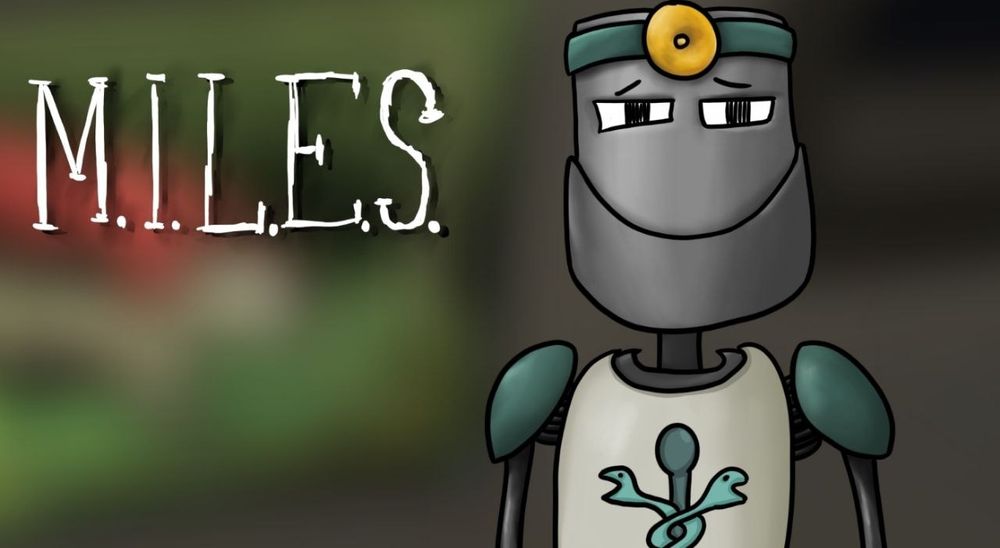 A robot with a metal head, a large chin and a doctor's lamp on his forehead. He wears an apron with an Aesculapian staff