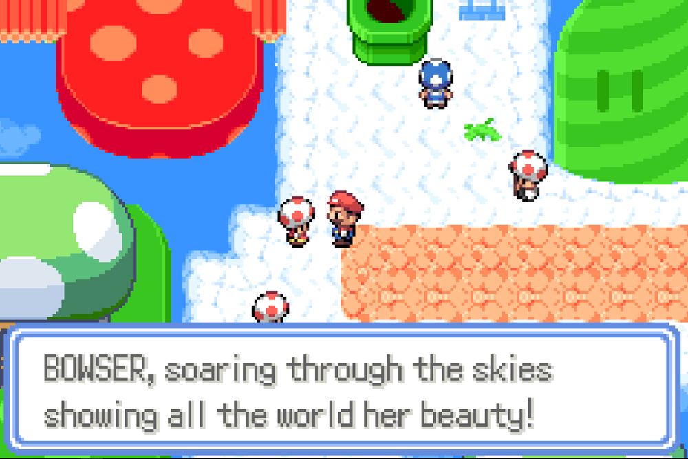 Screenshot from Super Mariomon, a Mario themed Pokemon romhack. A female Toad NPC is saying "BOWSER, soaring through the skies showing all the world her beauty!" continued from first screenshot