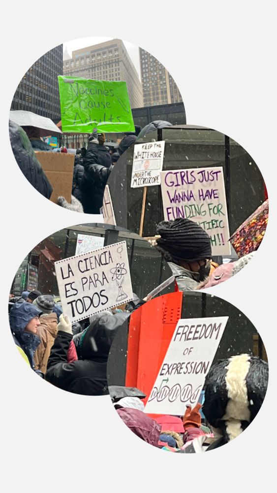 Circles with photos of different signs that say vaccines cause adults, keep the White House under the microscope, la ciencia es para todos, and freedom of expression.