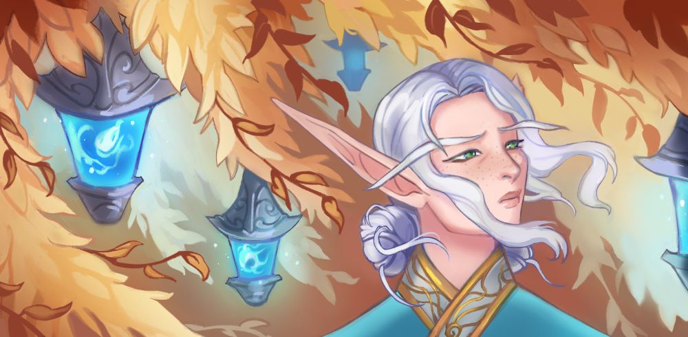 Thalassian elf standing beneath the boughs of Thas'alah, with blue glowing lanterns hanging from the golden branches.