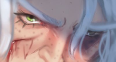 Green eyes, one is bruised, there is a cut underneath the other