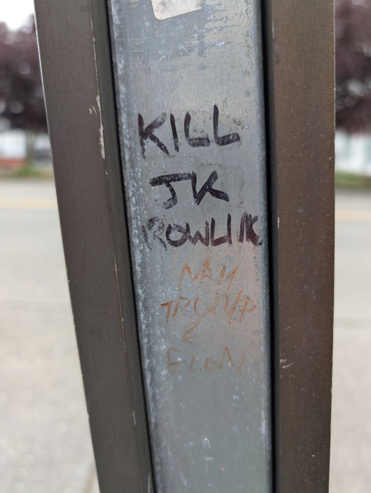 A post at a bus stop declaring a desire for an individual to kill a British TERF, a serial rapist, and the world's worst nerd.