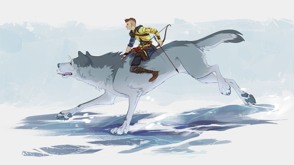 fanart of God of War's Atreus riding a big wolf on a snowy, icy ground