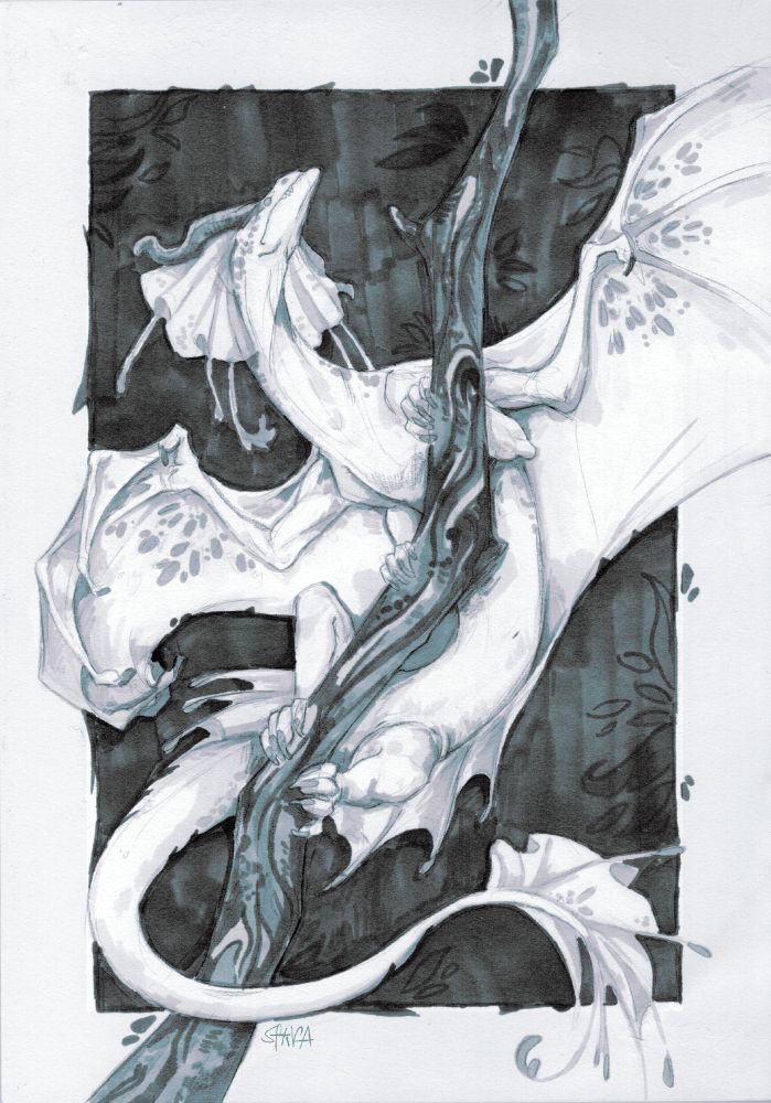 Traditional marker drawing of a dragon sitting on a branch, it's made by promarkers and then made monochromatic digitally