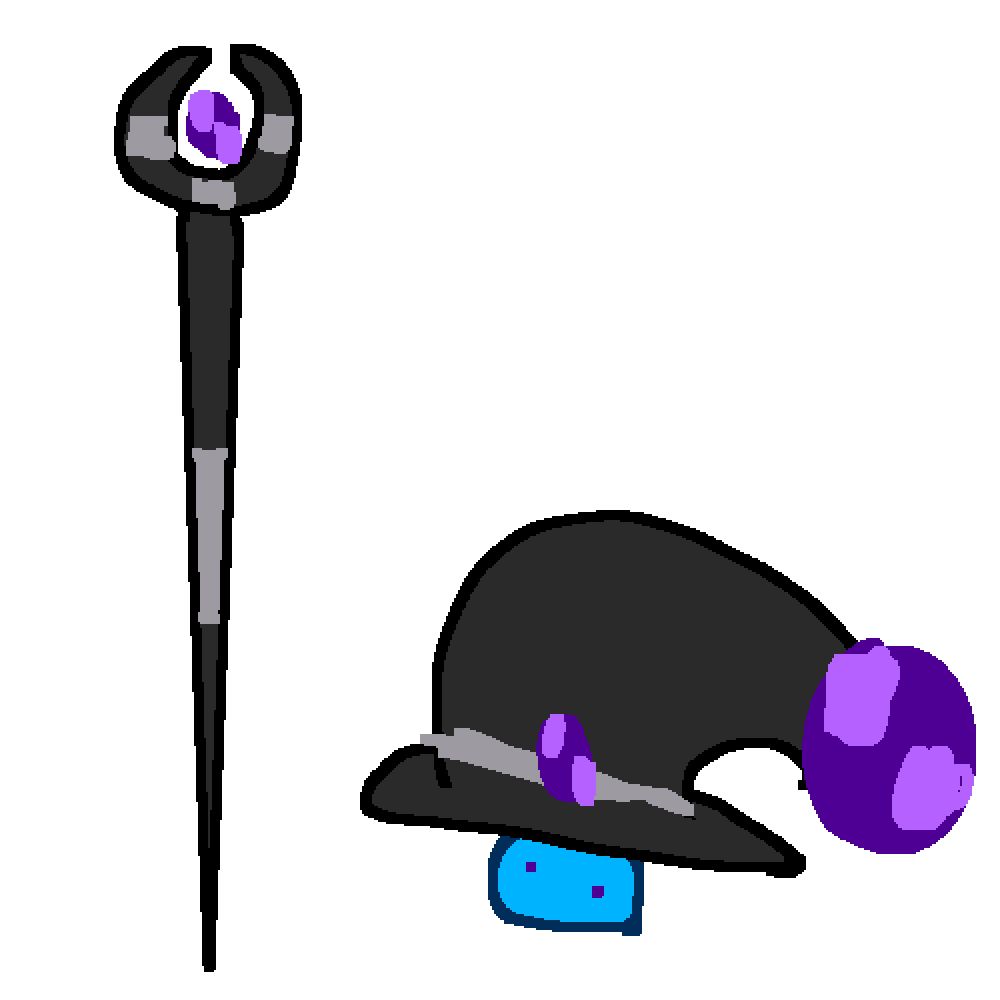 a small blue slime blob wearing an oversized wizard hat, alongside a big magic staff