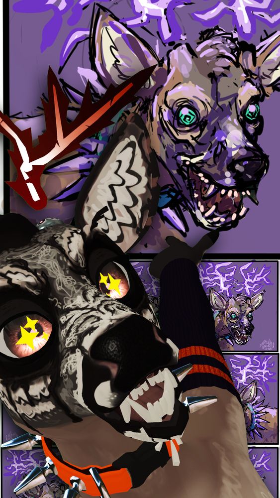 closeup screenshot of deerbark's VRchat deer avatar spooky variant with edgy facepaint, dog teeth, spiky collar and heart eyes
he is pointing at the edgy profile pic commission done by @ovrcffntedprnoia.bsky.social, that inspired the avatar variant