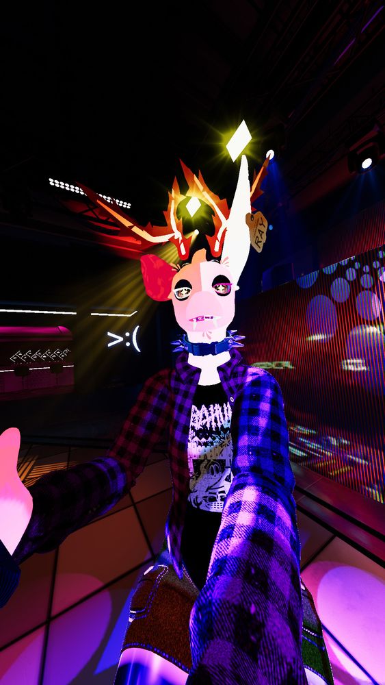 vrchat anthro deer avatar in a night club world, where the fur is glowing pretty colors due to a shader mishap