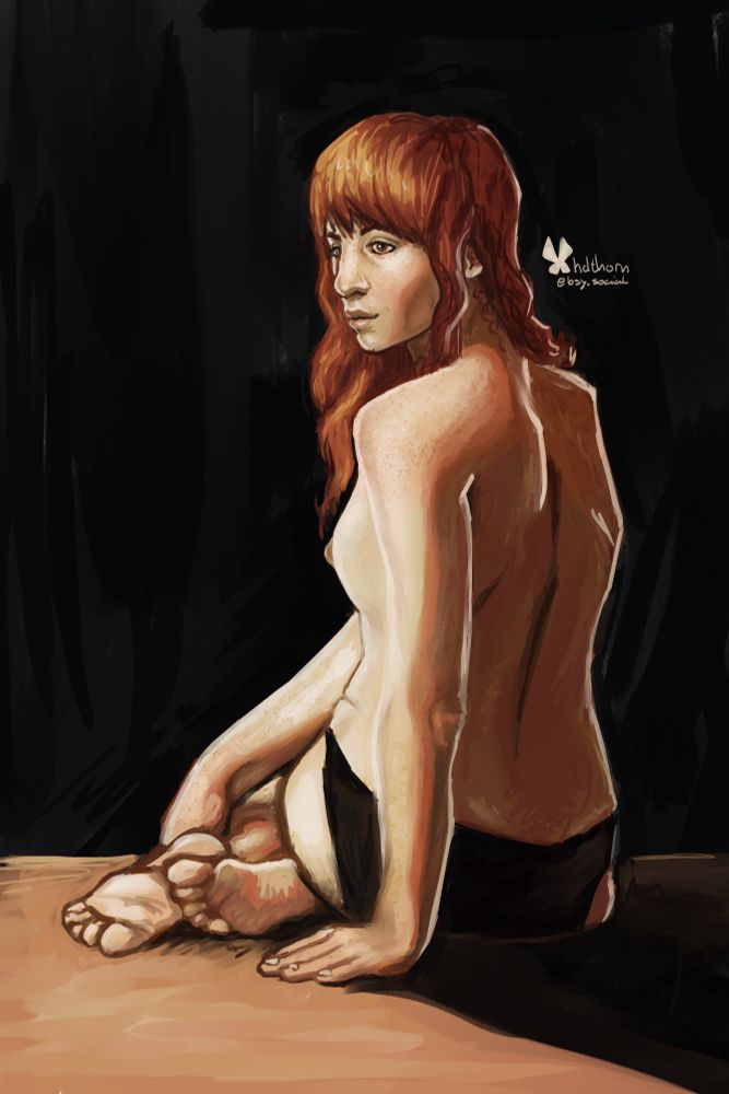 Digital painting of Madalithea from Gunmetal Olympus, emulating a classical oil painting. She's sitting on the ground, chest facing away from the viewer and head turned to show her face. She's calm, smiling faintly, glowing in the light.