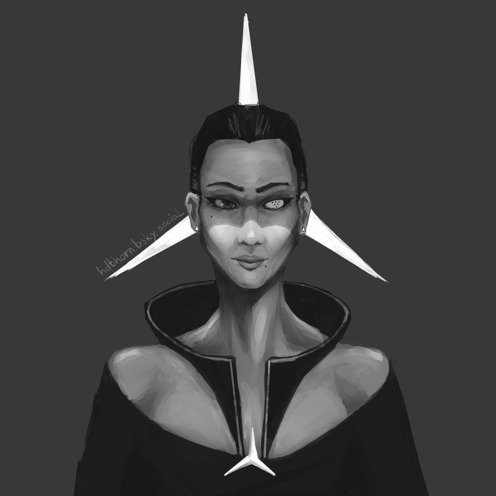Sinister woman in sinister lighting. She has a little widow's peak and greying hair, slicked back. Behind her head is a corporate logo, a three-pointed star.  Her left eye is a prosthetic, white with a triangular camera pattern. Her dress exposes her shoulders and a decent part of her chest. Her dress also has an almost floating collar.