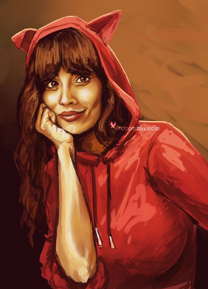 
Digital painting similar in style to classical oil paintings of Tahani from Ranked Competitive Breast Growth. She's posing with her head leaning on her hand. She has long curly dark brown hair with bangs, and she's wearing a pink hoodie with cat ears. The right one has flopped over.