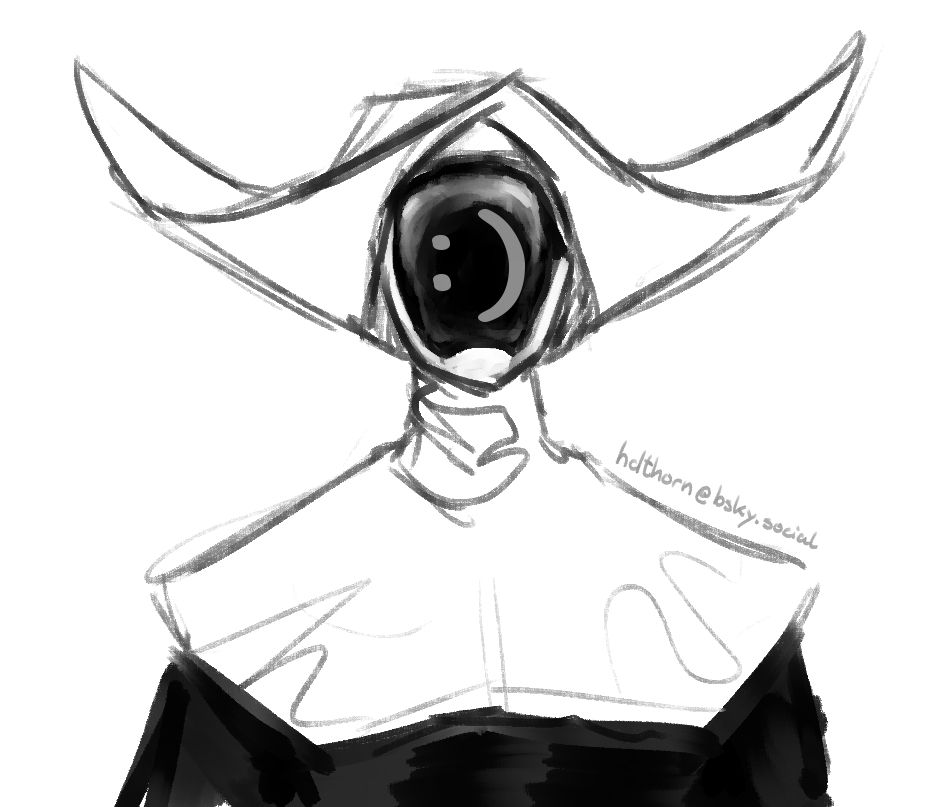 Sketch of a robot nun wearing her habit. She has a screen face with a colon and closed parenthesis as a smiley face.