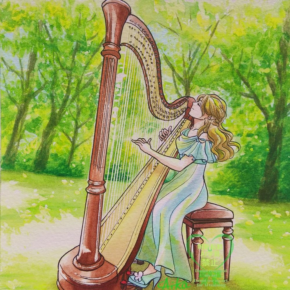 森の中でハープを演奏する女の子です✨
癒しの音色、聴こえますか？🎶