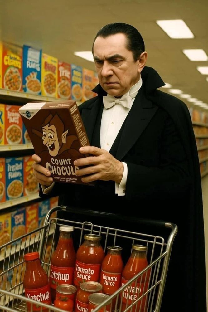 Dracula looking over a box of Count Chocula. 