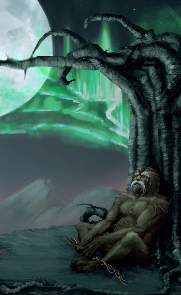 A digital painting of a peaceful sasquatch resting against a twisted, leafless tree under a glowing night sky. He sits cross-legged on rocky ground, holding a wooden flute in his hands. His expression is calm and reflective. Behind him, a large luminous moon and vivid green aurora borealis illuminate the mountainous landscape, creating a serene and mystical atmosphere.