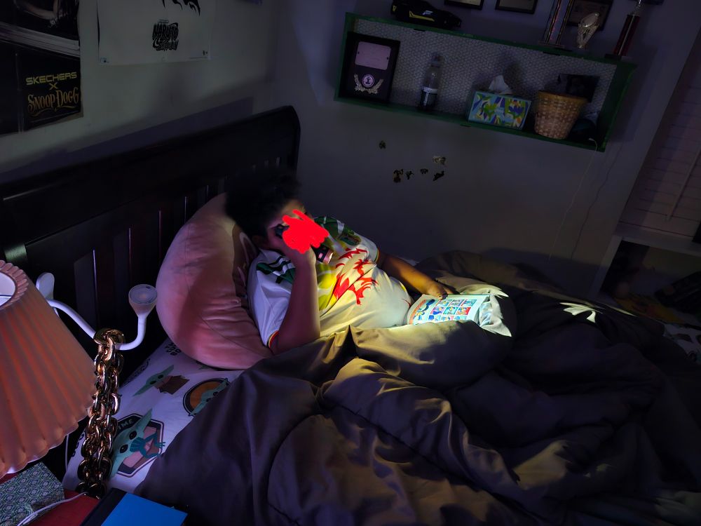 Young boy reads by flashlight in bed.