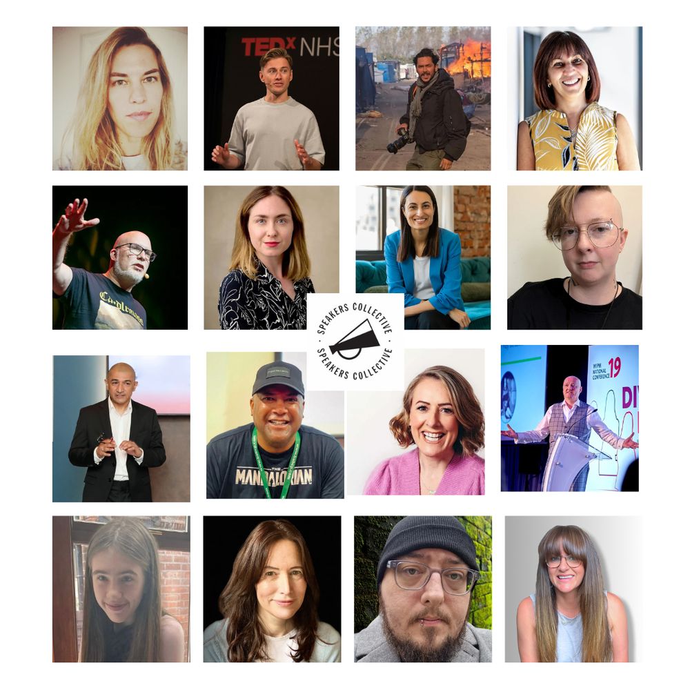  A group collage featuring all the newest members of the Speakers Collective. The image includes individual portraits of Joe Tudor, Mark Deeks, David Gray-Hammond, Marcus Thomlinson, Olivia Nunn, Michelle Moreno, Anita Patel, Miguel Ángel Amortegui, Hansa Raja, Oliver Roscoe, Sophie Longley, Naveed Mirza, Laura Spence, Eden Byrne, Jessica Bondy, and Chris Frederick. Each member is smiling, radiating confidence and warmth, representing the diversity and shared commitment of the Speakers Collective to challenge stigma, inspire change, and promote inclusion.