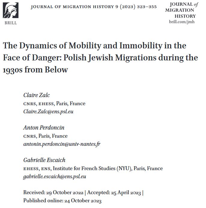 The Dynamics of Mobility and Immobility in the Face of Danger: Polish Jewish Migrations during the 1930s from Below
In: Journal of Migration History
Authors: Claire Zalc, Anton Perdoncin, and Gabrielle Escaich
Online Publication Date:    24 Oct 2023 