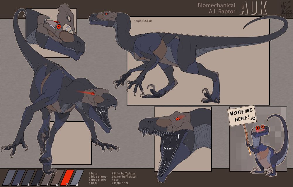 Digital artwork, a reference sheet for a bio-mechanical dinosaur. Two pictures show it's whole body, one in motion, and two other pictures show close ups of its head. In the bottom right corner a chibi version of the same character holds up a sign reading 'nothing here' as a censor for an 18+ version of the same image.
The character is made up of dark blue and grey panels, with accents of muted orange panels, and red eyes.