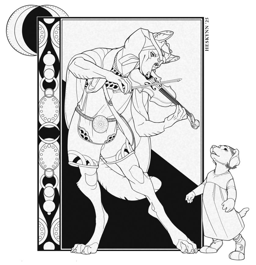 A black and white digital illustration featuring an anthropomorphic wolf woman and dog puppy.
The woman is wearing androgynous clothing of shorts and a tunic with a cape draped around her shoulders, the cape is rounded and circles and hoops decorate her clothes, a belt clinches her tunic and there is a round belly shield hanging from it, decorated with overlapping circles of dots, she is wearing a headdress or hat of some kind, tied under her chin and she plays the fiddle, smiling softly into the music. Beside her a puppy dog stands, no higher than the wolf's hip, looking up in awe at the woman and her music, the pup is wearing soft boots and a simple unisex gown for young children. The frame of the artwork contains more intersecting circles, dots and arches, as well as a transitioning moon motif. 